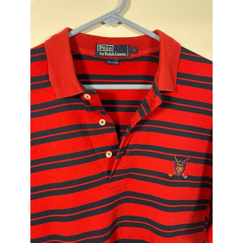 Polo by Ralph Lauren Golf Crest‎ Polo Shirt Mens L Red Navy Striped